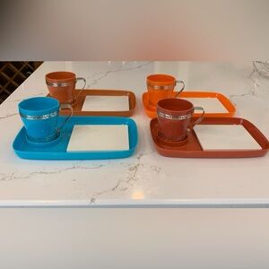 Vintage 70’s Plastic Cup & Matching Mini Tray Set 4 Colors Retro 10” x 7” RARE